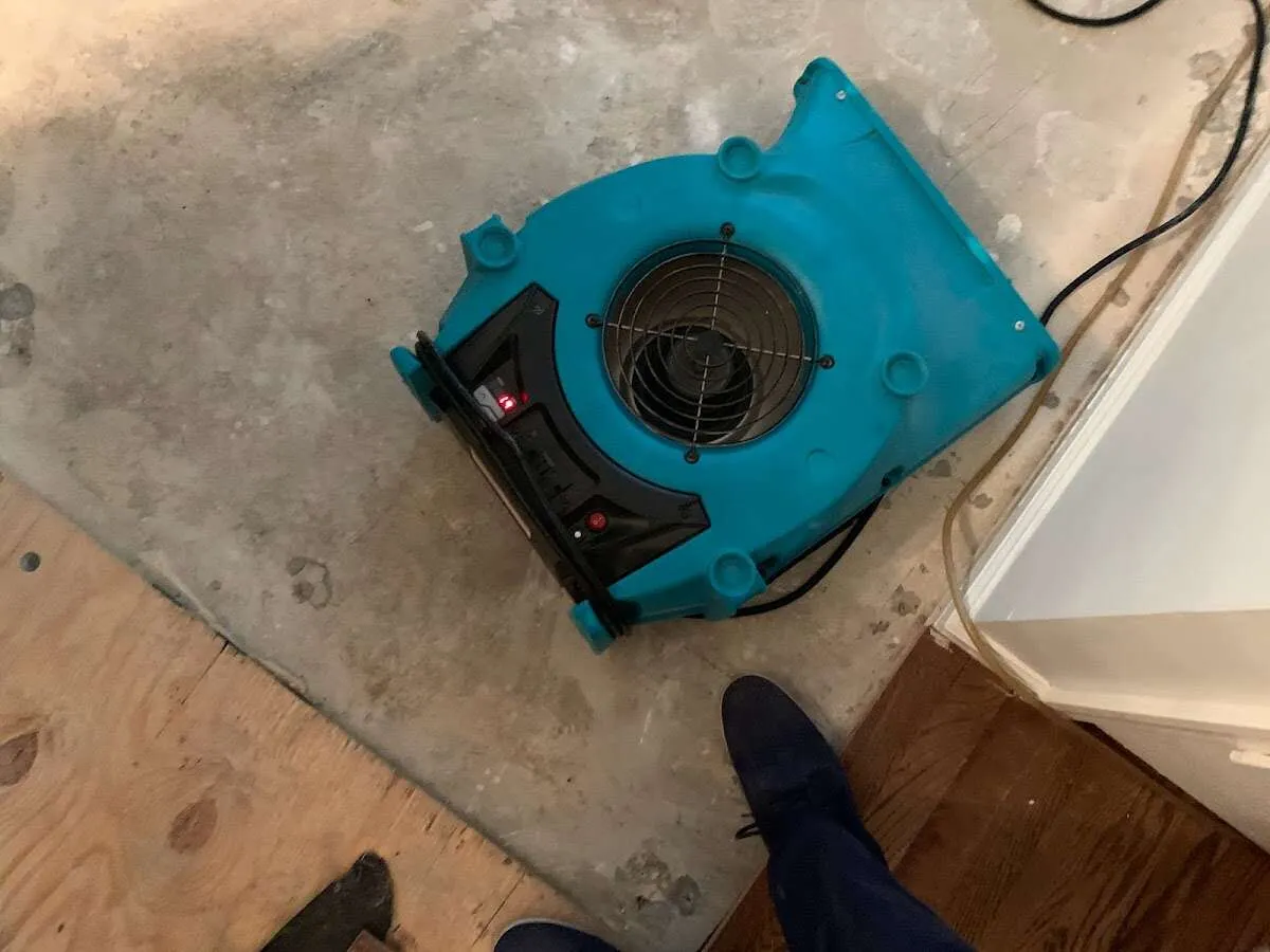 Air mover drying subfloor during Commercial Water Damage Restoration in Brushy Creek